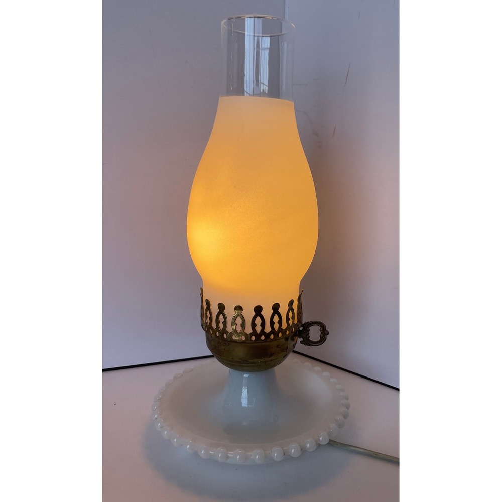 Vintage Hobnail Milk Glass Hurricane Lamp Frosted Chimney Brass Crown Gallery